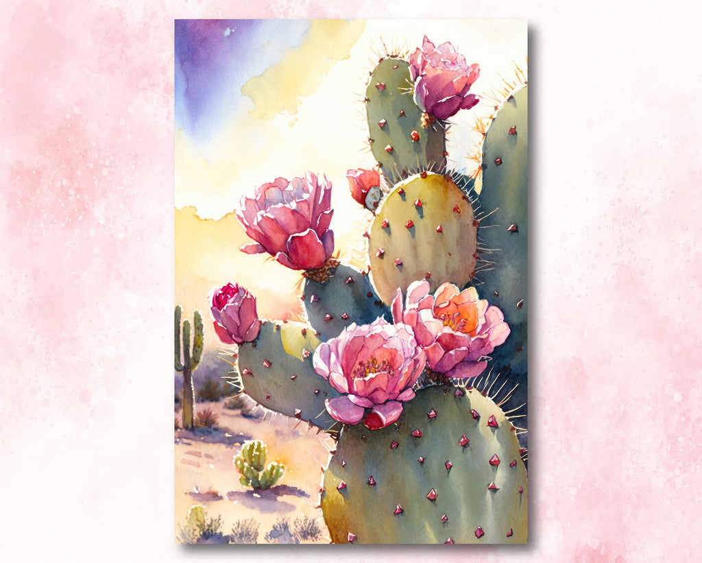Flower Prickly Pear Cactus Sunset Art Print Watercolor Botanical Desert Wall Art Nature Inspired Sonoran Art Southwest Western Decor