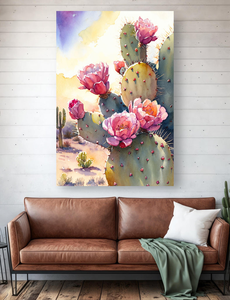 Flower Prickly Pear Cactus Sunset Art Print Watercolor Botanical Desert Wall Art Nature Inspired Sonoran Art Southwest Western Decor