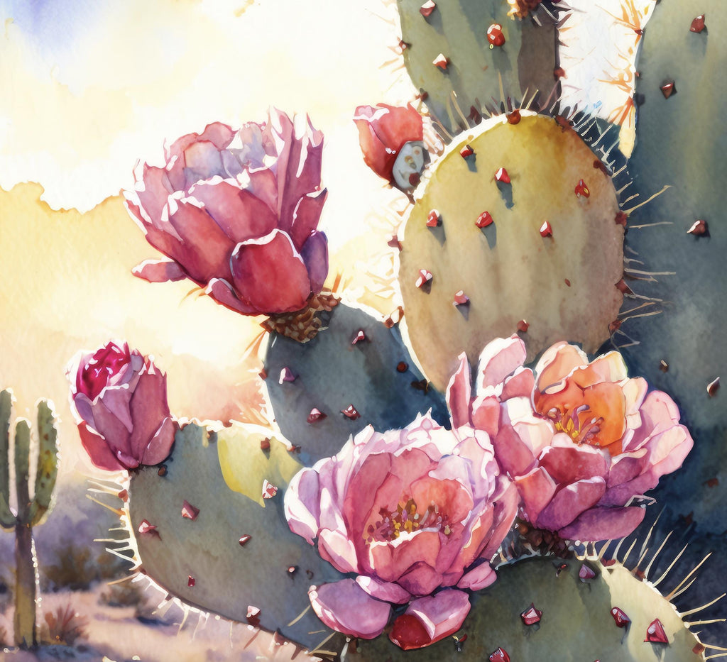 Flower Prickly Pear Cactus Sunset Art Print Watercolor Botanical Desert Wall Art Nature Inspired Sonoran Art Southwest Western Decor
