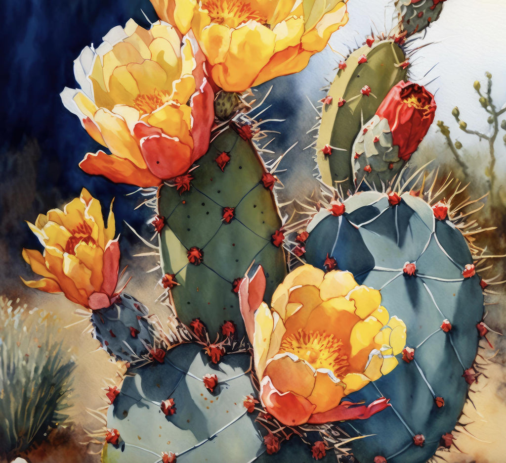 Flower Prickly Pear Cactus Sunset Art Print Watercolor Botanical Desert Wall Art Nature Inspired Sonoran Art Southwest Western Decor