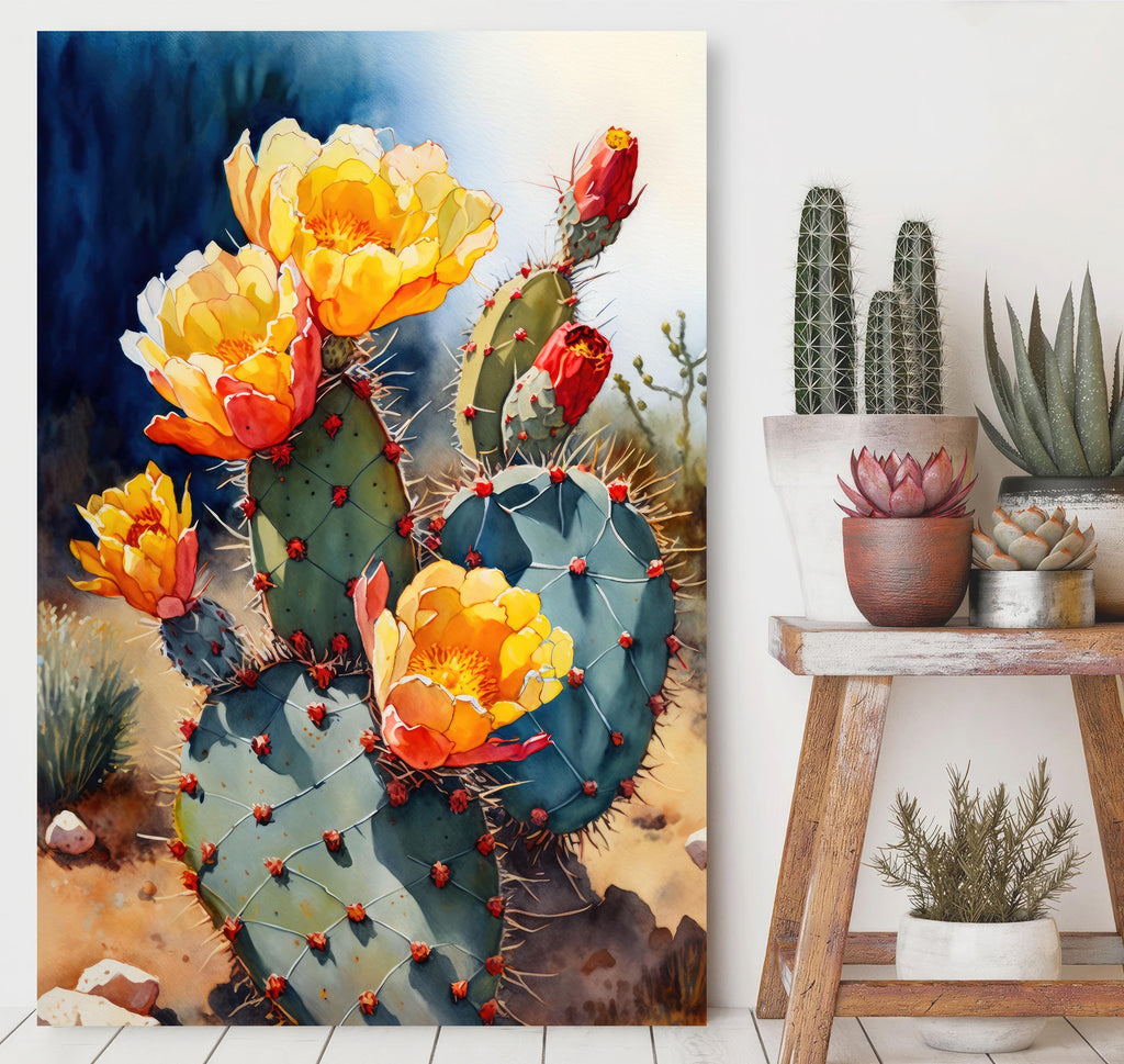 Flower Prickly Pear Cactus Sunset Art Print Watercolor Botanical Desert Wall Art Nature Inspired Sonoran Art Southwest Western Decor