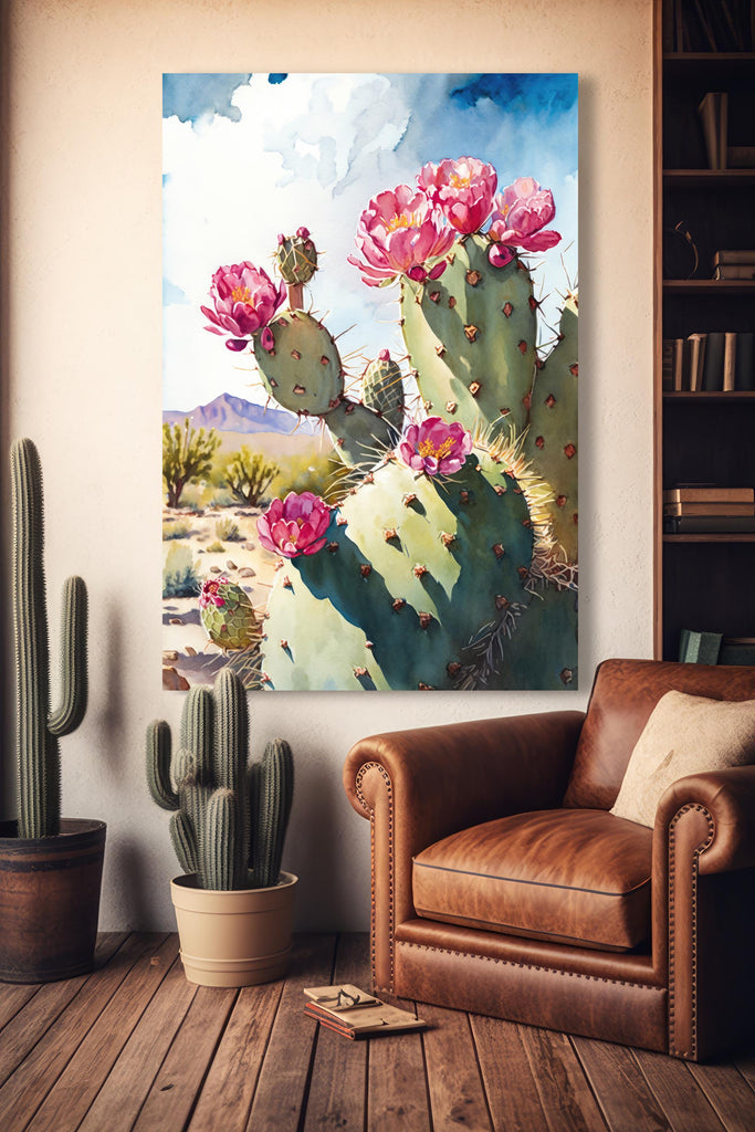 Flower Prickly Pear Cactus Sunset Art Print Watercolor Botanical Desert Wall Art Nature Inspired Sonoran Art Southwest Western Decor