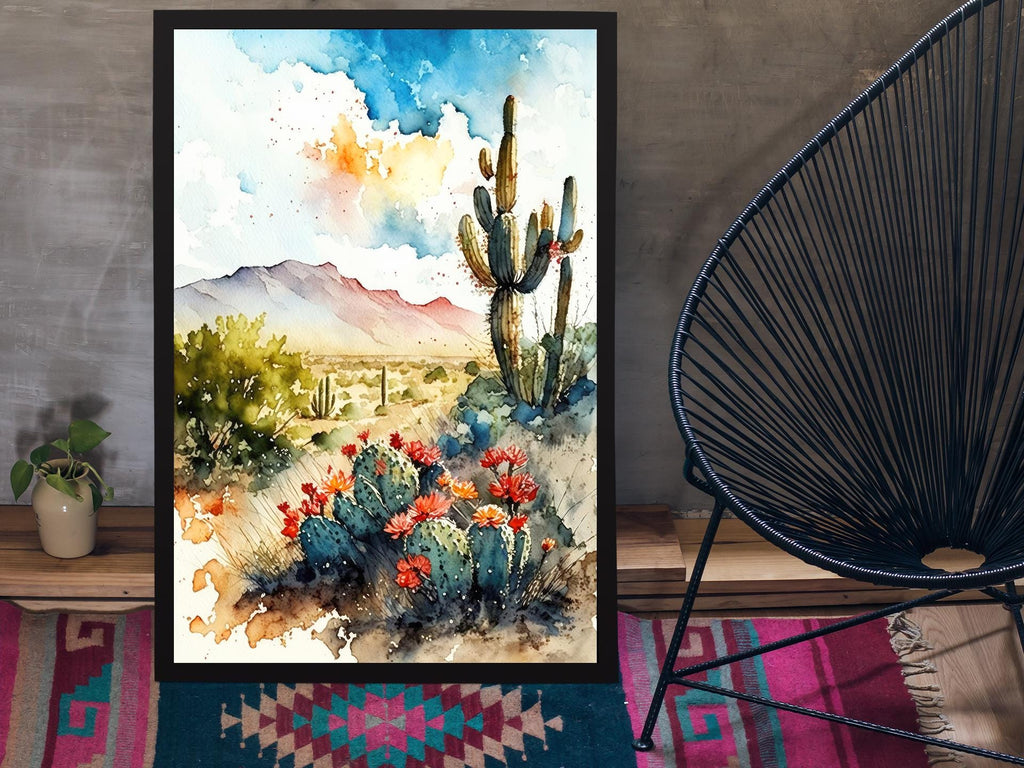 Arizona Cactus Flowers Wall Art Print Desert Landscape Painting Nature Inspired Boho Wall Decor Gift Sonoran Art Southwest Decor