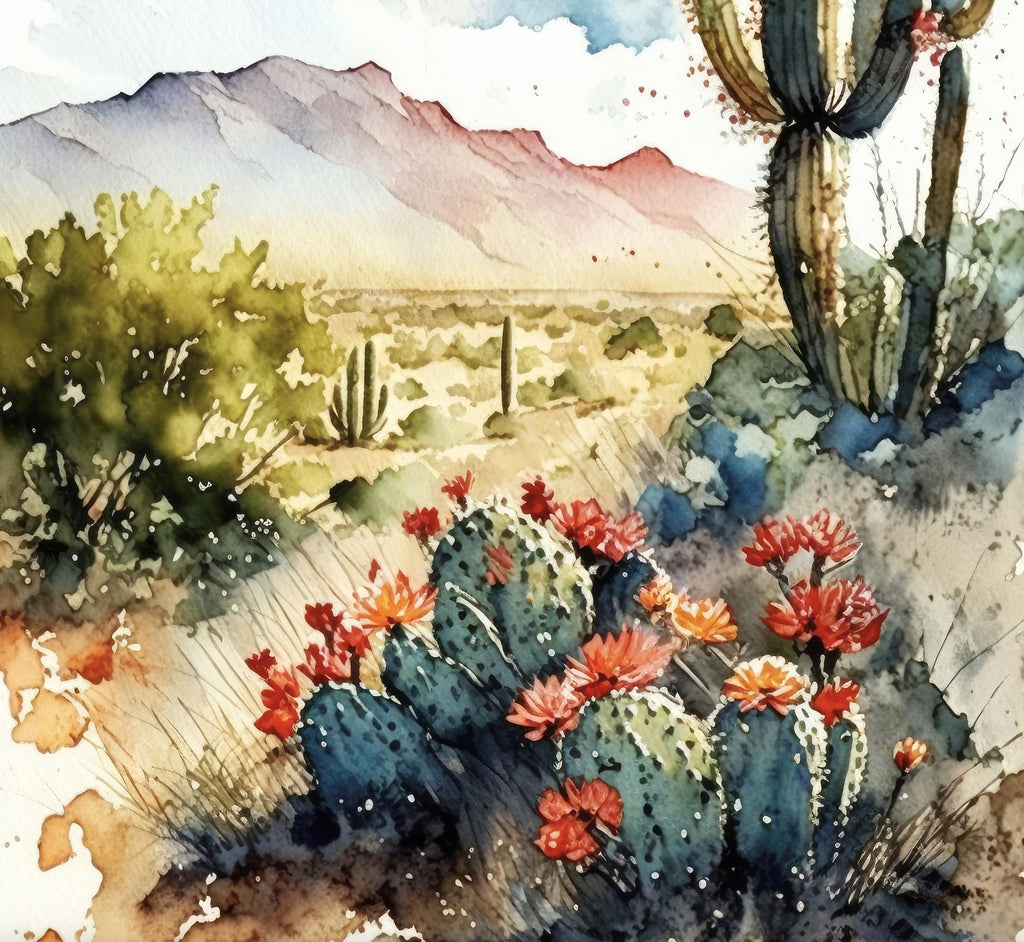 Arizona Cactus Flowers Wall Art Print Desert Landscape Painting Nature Inspired Boho Wall Decor Gift Sonoran Art Southwest Decor