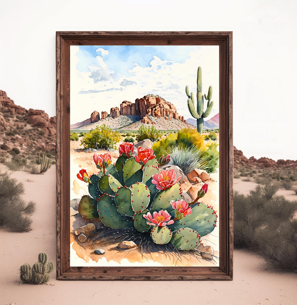 Arizona Cactus Flowers Wall Art Print Desert Landscape Painting Nature Inspired Boho Wall Decor Gift Sonoran Art Southwest Decor