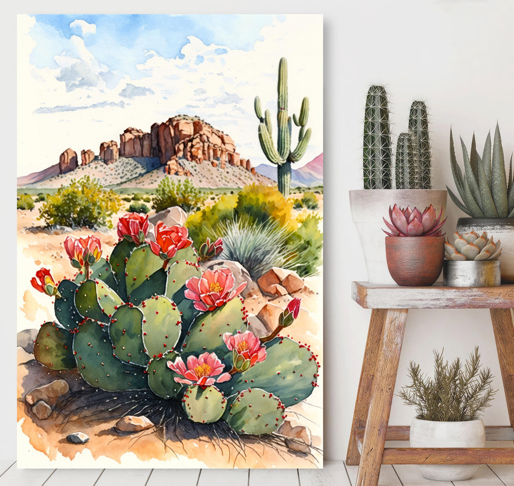 Arizona Cactus Flowers Wall Art Print Desert Landscape Painting Nature Inspired Boho Wall Decor Gift Sonoran Art Southwest Decor