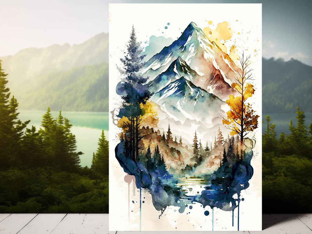 Forest Mountain Wall Art Landscape Cabin Decor Painting Watercolor Print Outdoorsy Gifts Nature Inspired Woodland Nursery Cottagecore Decor