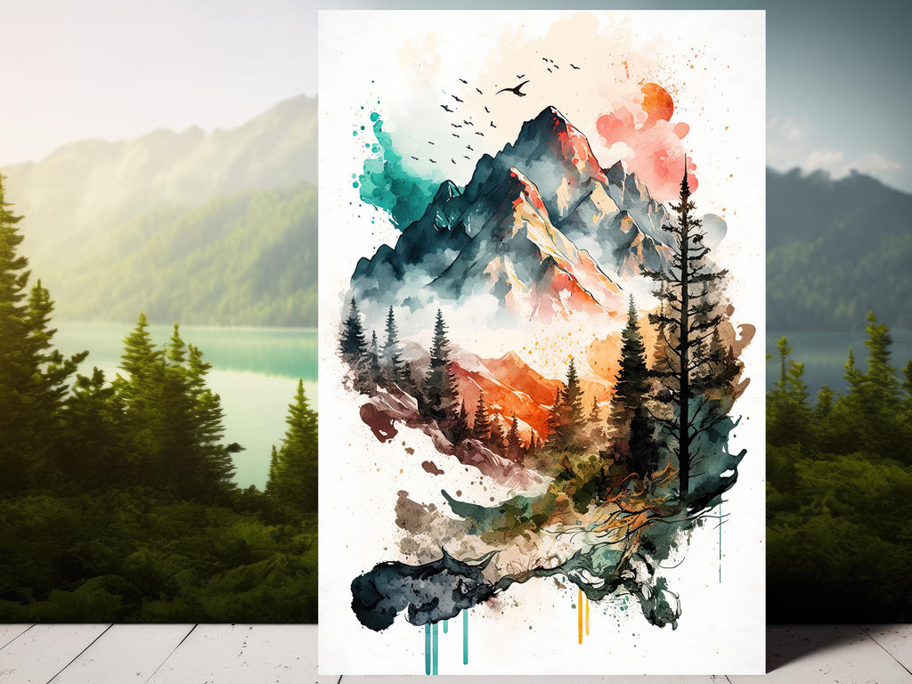 Forest Mountain Wall Art Landscape Cabin Decor Painting Watercolor Print Outdoorsy Gifts Nature Inspired Woodland Nursery Cottagecore Decor