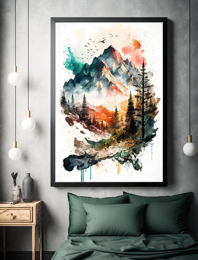 Forest Mountain Wall Art Landscape Cabin Decor Painting Watercolor Print Outdoorsy Gifts Nature Inspired Woodland Nursery Cottagecore Decor