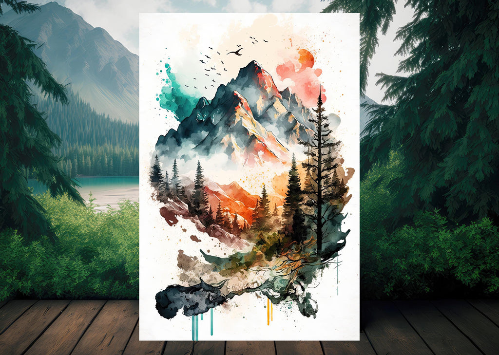 Forest Mountain Wall Art Landscape Cabin Decor Painting Watercolor Print Outdoorsy Gifts Nature Inspired Woodland Nursery Cottagecore Decor