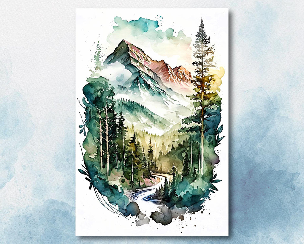 Forest Mountain Wall Art Landscape Cabin Decor Painting Watercolor Print Outdoorsy Gifts Nature Inspired Woodland Nursery Cottagecore Decor