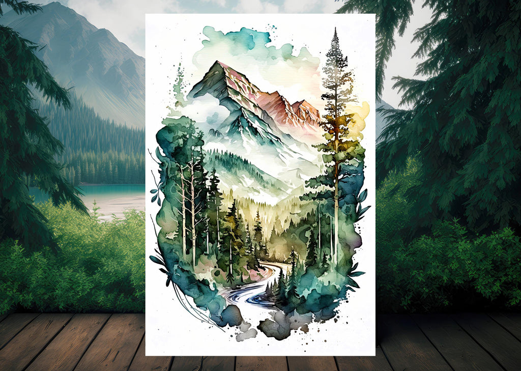 Forest Mountain Wall Art Landscape Cabin Decor Painting Watercolor Print Outdoorsy Gifts Nature Inspired Woodland Nursery Cottagecore Decor