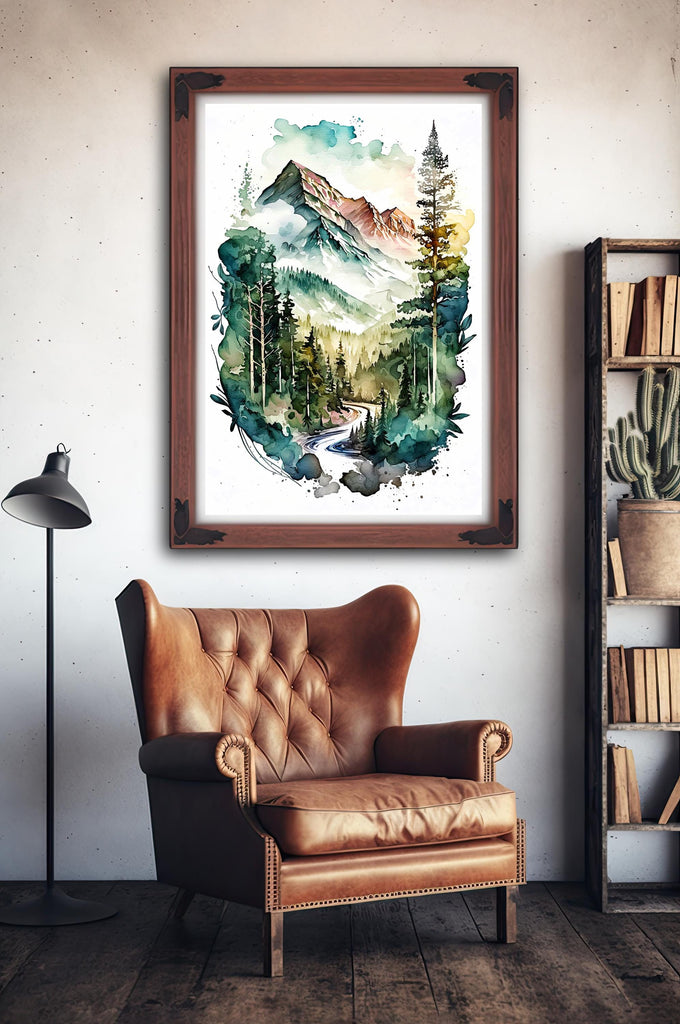 Forest Mountain Wall Art Landscape Cabin Decor Painting Watercolor Print Outdoorsy Gifts Nature Inspired Woodland Nursery Cottagecore Decor
