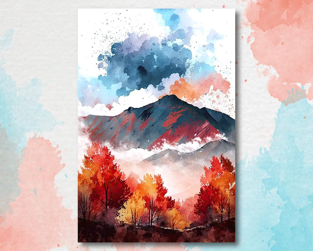 Autumn Forest Mountain Wall Art Cabin Decor Landscape Painting Fall Art Prints Outdoorsy Gifts Woodland Nursery Cottagecore Decor