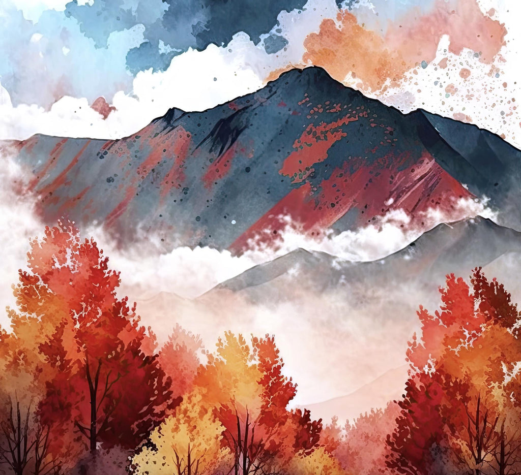 Autumn Forest Mountain Wall Art Cabin Decor Landscape Painting Fall Art Prints Outdoorsy Gifts Woodland Nursery Cottagecore Decor