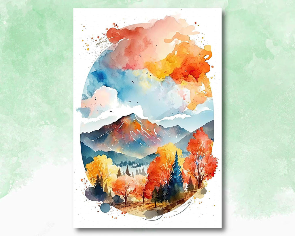 Autumn Forest Mountain Wall Art Cabin Decor Landscape Painting Fall Art Prints Outdoorsy Gifts Woodland Nursery Cottagecore Decor