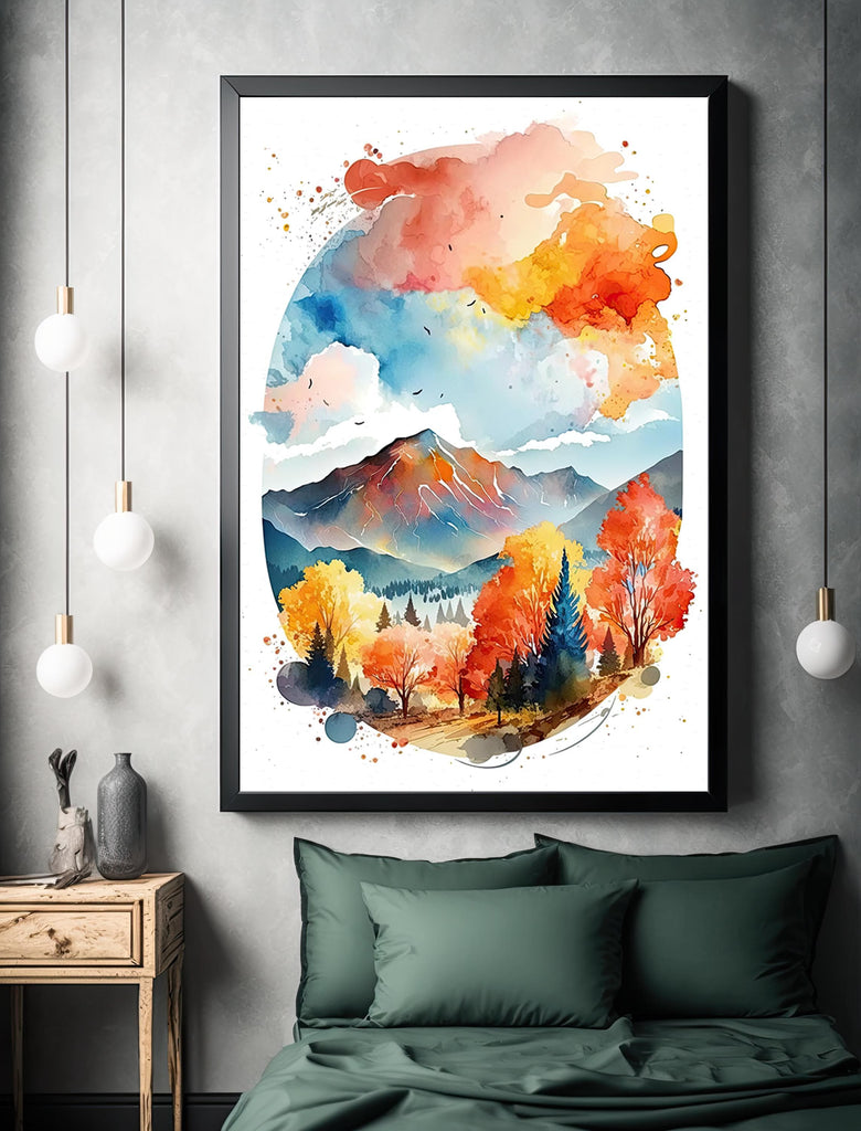 Autumn Forest Mountain Wall Art Cabin Decor Landscape Painting Fall Art Prints Outdoorsy Gifts Woodland Nursery Cottagecore Decor