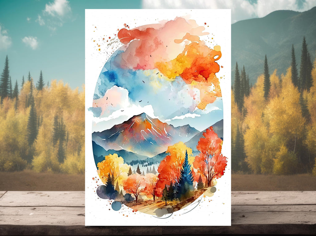 Autumn Forest Mountain Wall Art Cabin Decor Landscape Painting Fall Art Prints Outdoorsy Gifts Woodland Nursery Cottagecore Decor