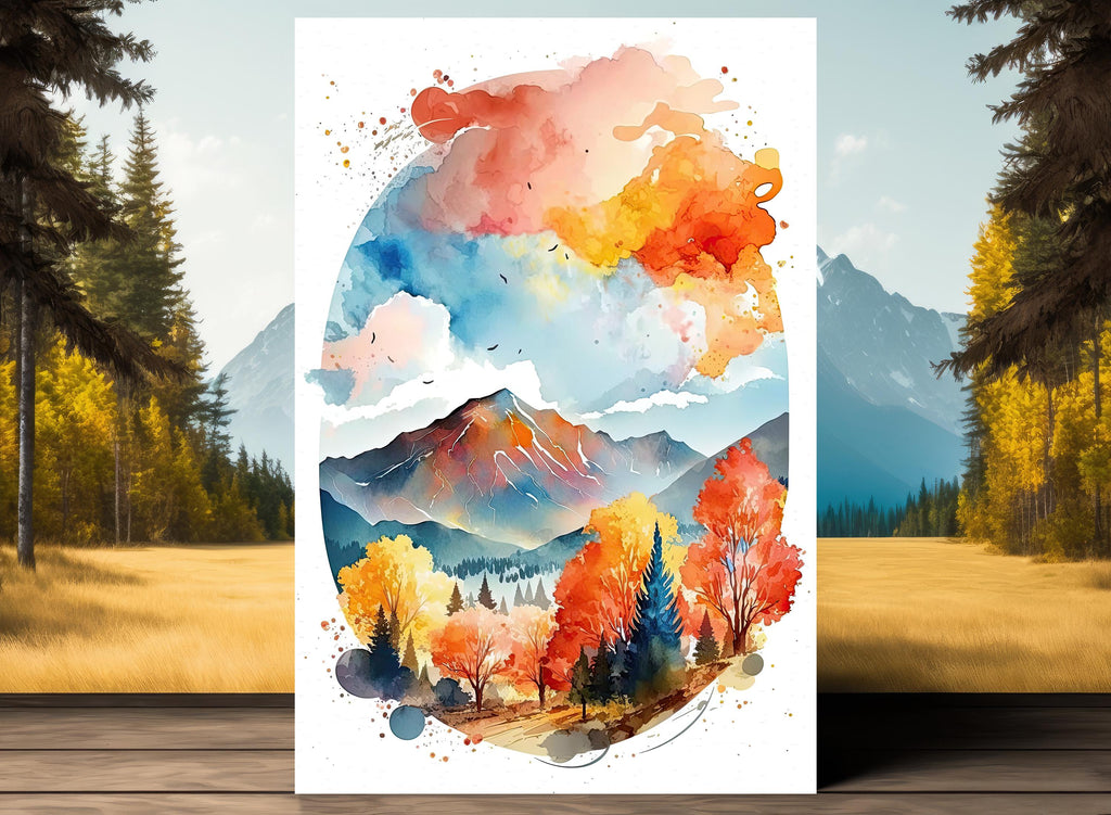 Autumn Forest Mountain Wall Art Cabin Decor Landscape Painting Fall Art Prints Outdoorsy Gifts Woodland Nursery Cottagecore Decor