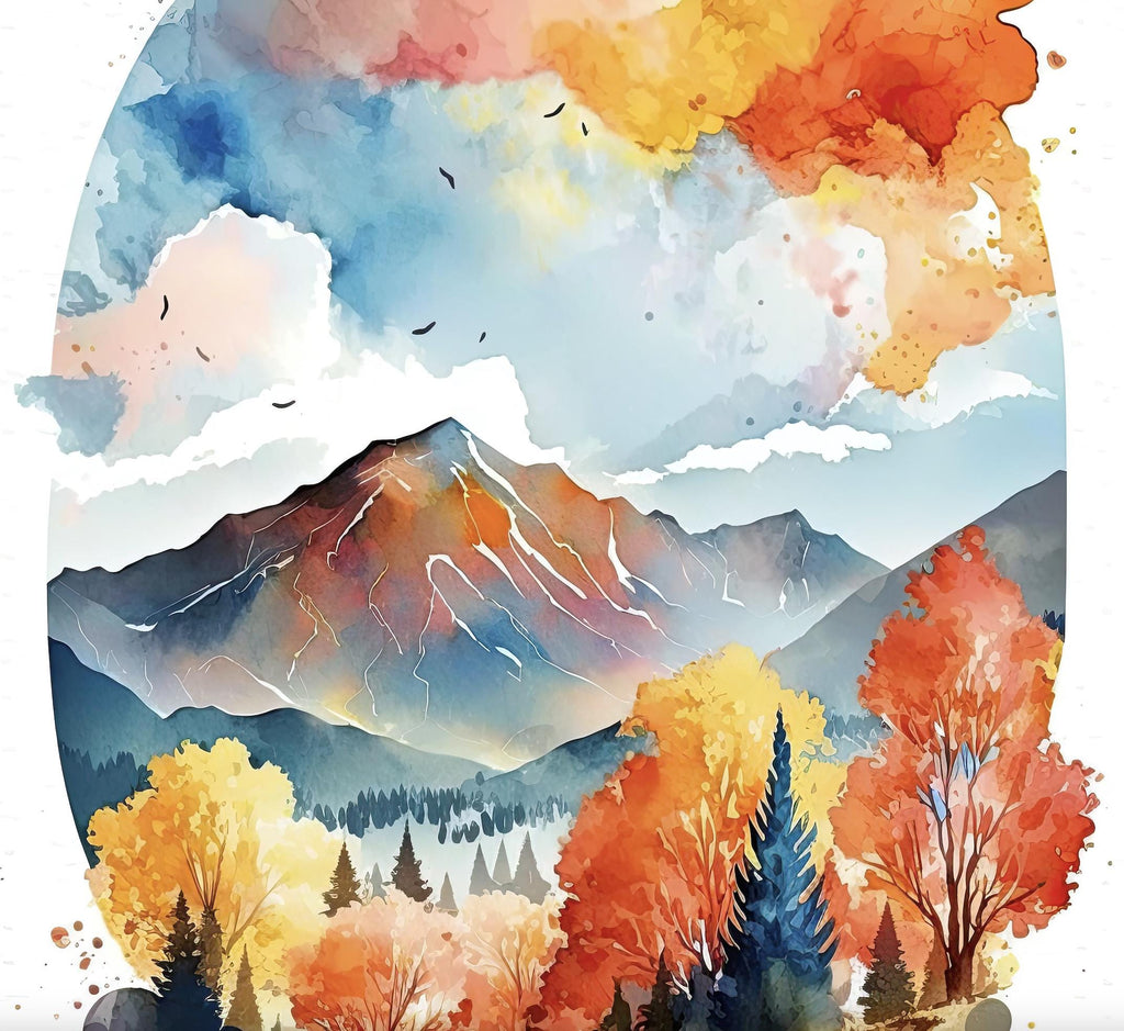 Autumn Forest Mountain Wall Art Cabin Decor Landscape Painting Fall Art Prints Outdoorsy Gifts Woodland Nursery Cottagecore Decor