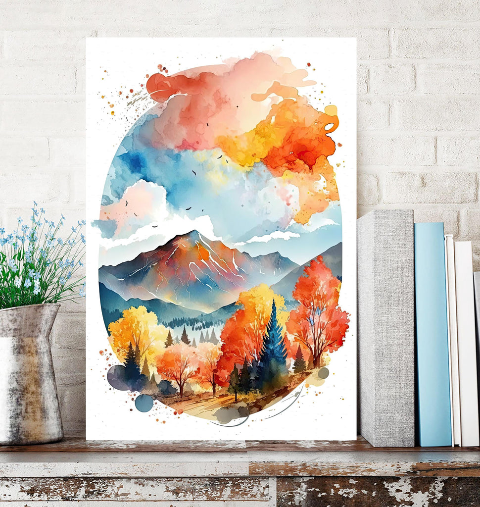 Autumn Forest Mountain Wall Art Cabin Decor Landscape Painting Fall Art Prints Outdoorsy Gifts Woodland Nursery Cottagecore Decor