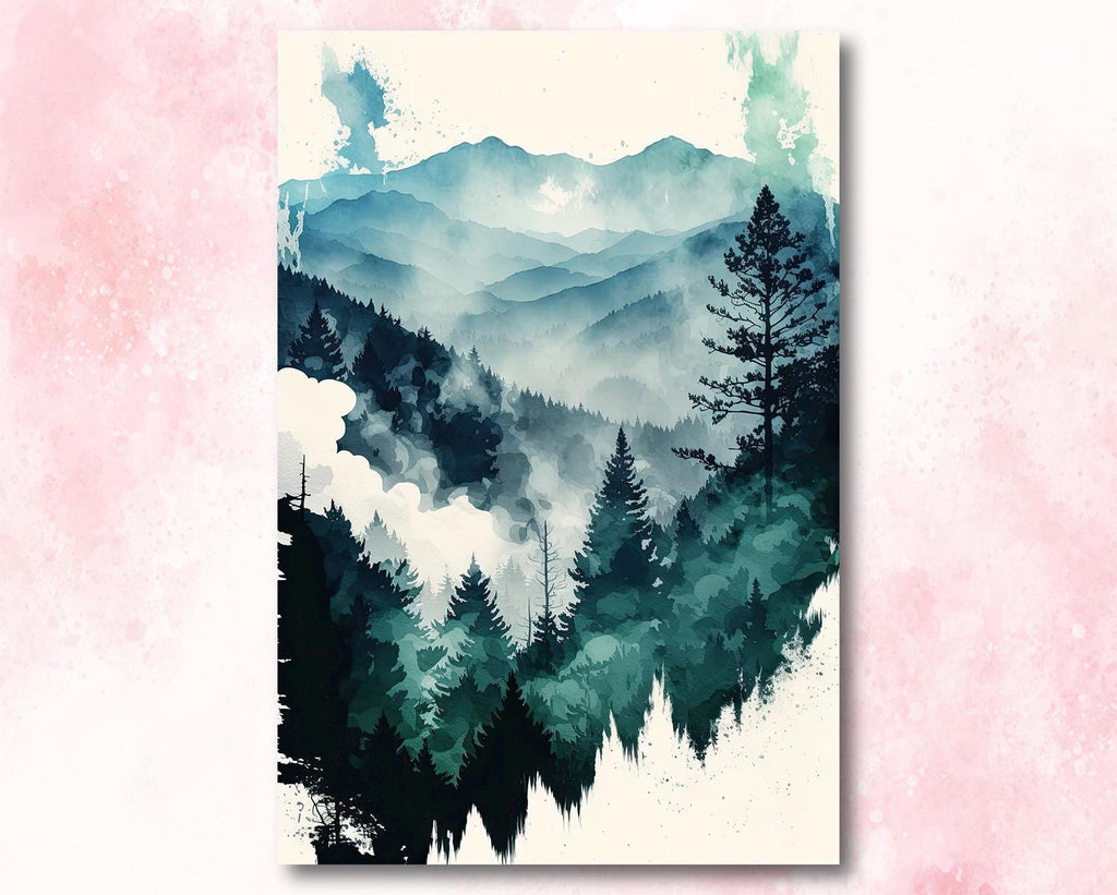 Watercolor Forest Landscape Sage Green Wall Art Painting Pine Tree Nature Landscape Gift Woodland Home Decor