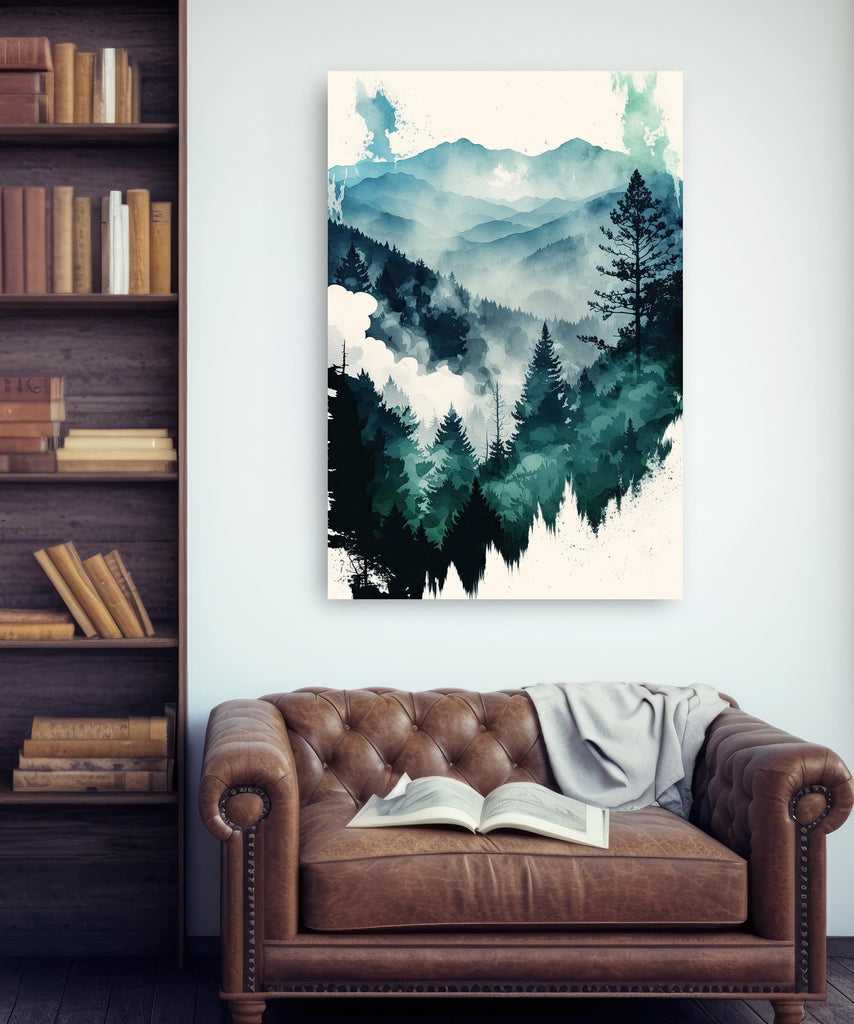 Watercolor Forest Landscape Sage Green Wall Art Painting Pine Tree Nature Landscape Gift Woodland Home Decor