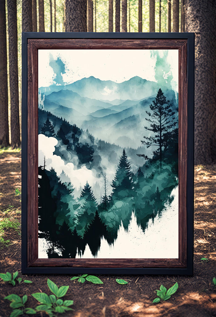 Watercolor Forest Landscape Sage Green Wall Art Painting Pine Tree Nature Landscape Gift Woodland Home Decor