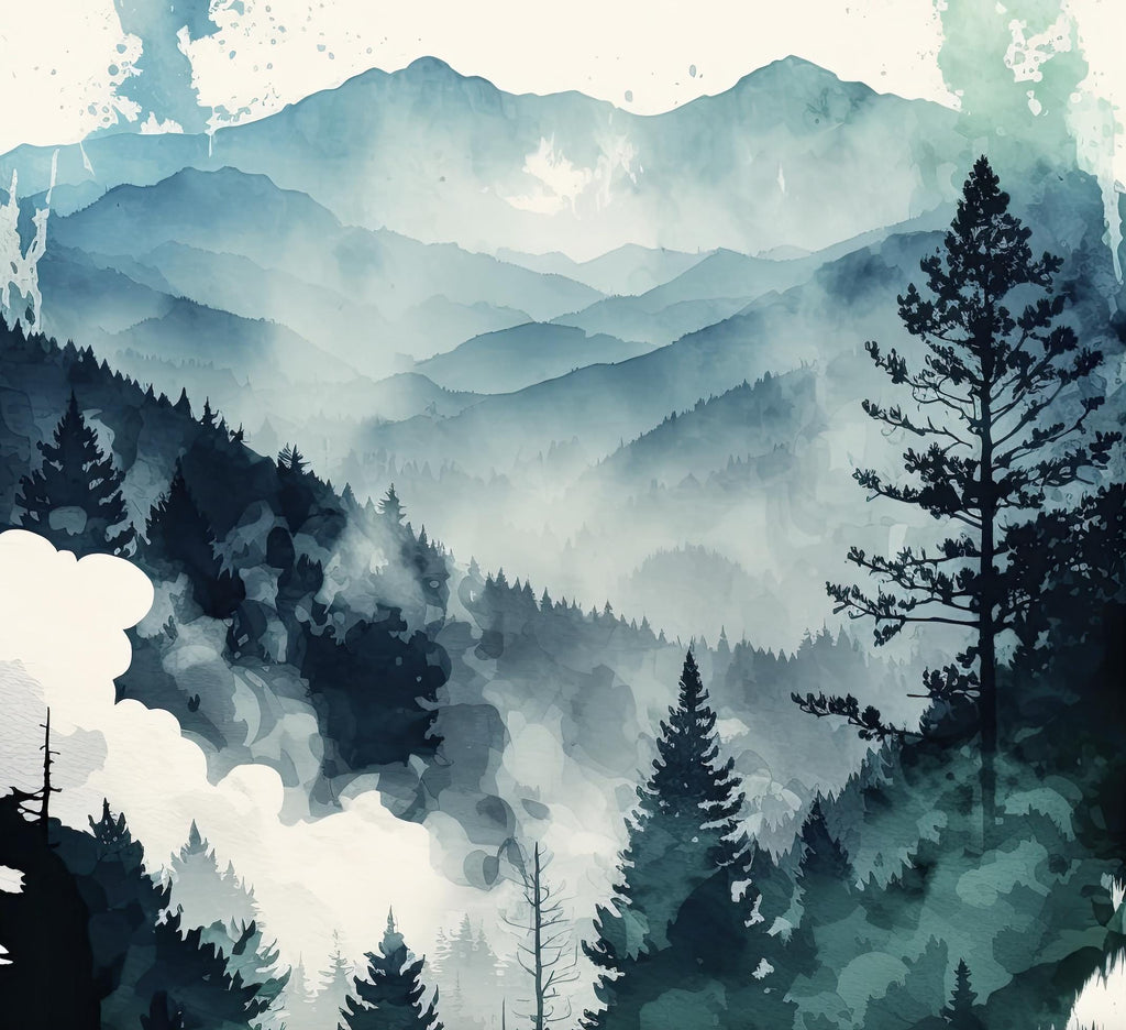 Watercolor Forest Landscape Sage Green Wall Art Painting Pine Tree Nature Landscape Gift Woodland Home Decor