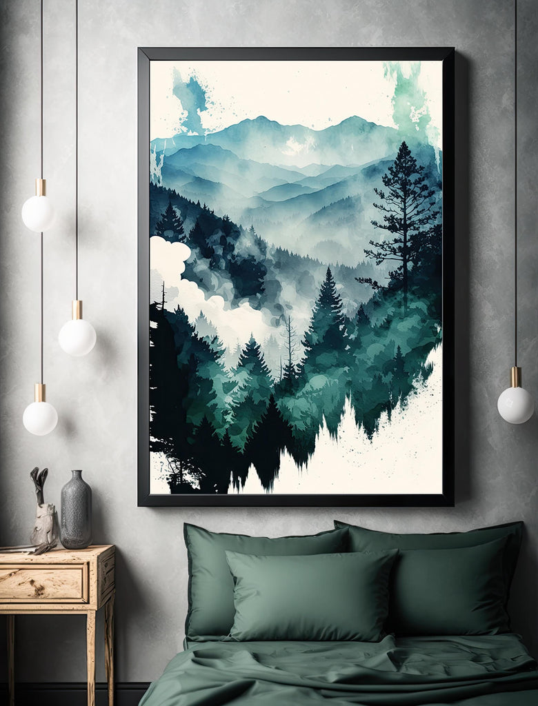 Watercolor Forest Landscape Sage Green Wall Art Painting Pine Tree Nature Landscape Gift Woodland Home Decor