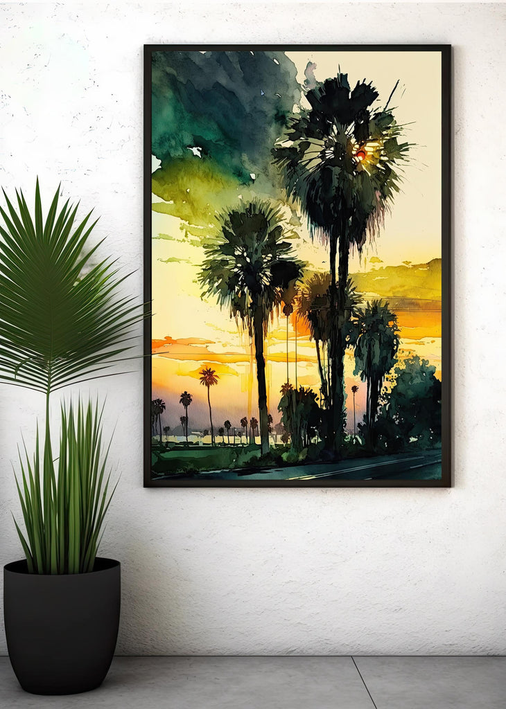 Palm Tree Sunset Art Print Watercolor Coastal Wall Art Nature Inspired Gift Tropical Beach House Home Decor