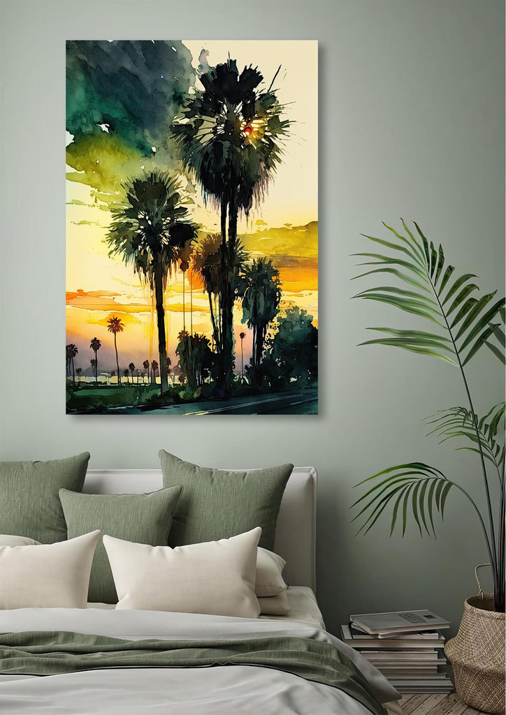 Palm Tree Sunset Art Print Watercolor Coastal Wall Art Nature Inspired Gift Tropical Beach House Home Decor