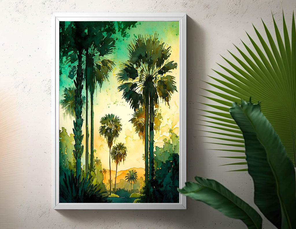 Palm Tree Sunset Art Print Watercolor Coastal Wall Art Nature Inspired Gift Tropical Beach House Home Decor