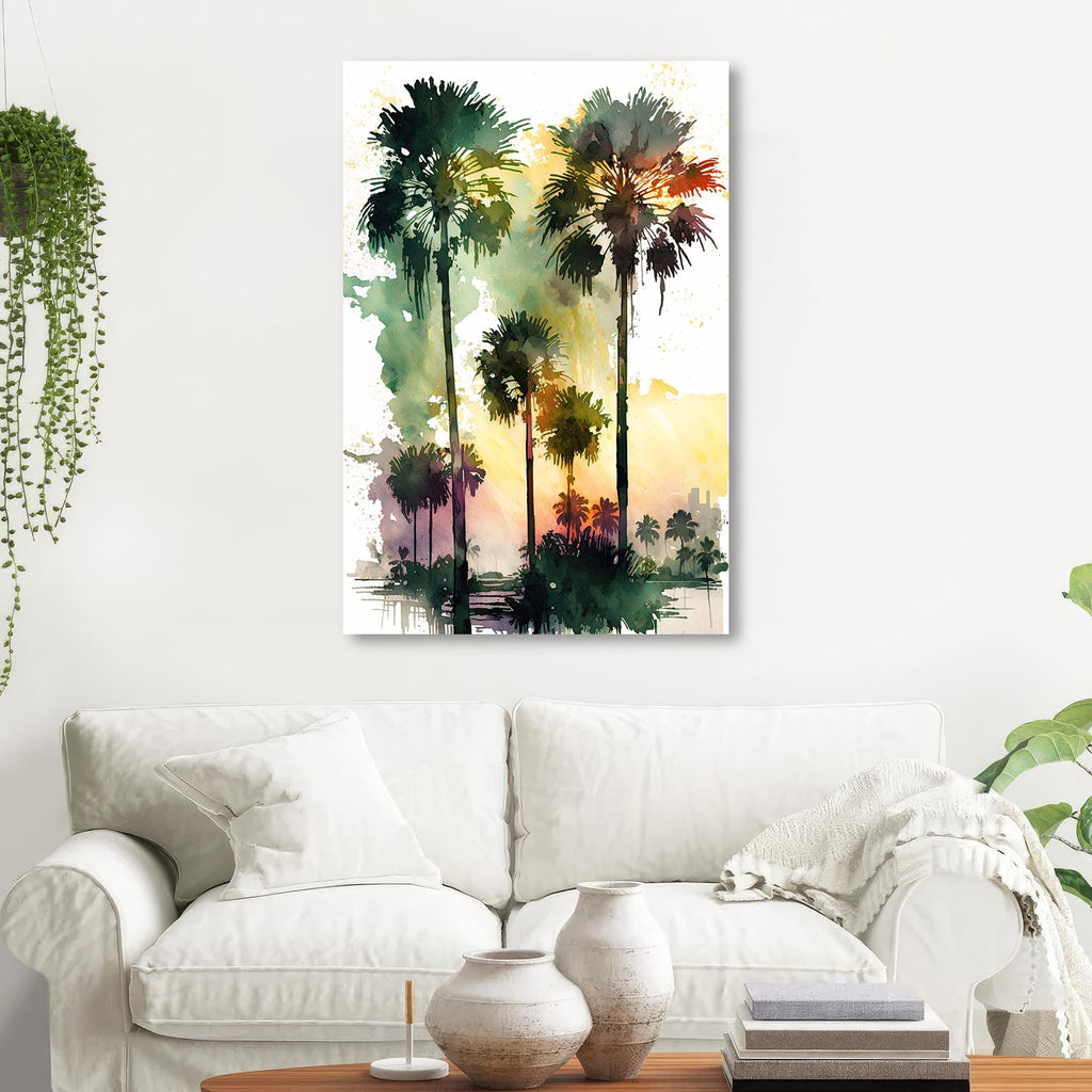 Palm Tree Sunset Art Print Watercolor Coastal Wall Art Nature Inspired Gift Tropical Beach House Home Decor
