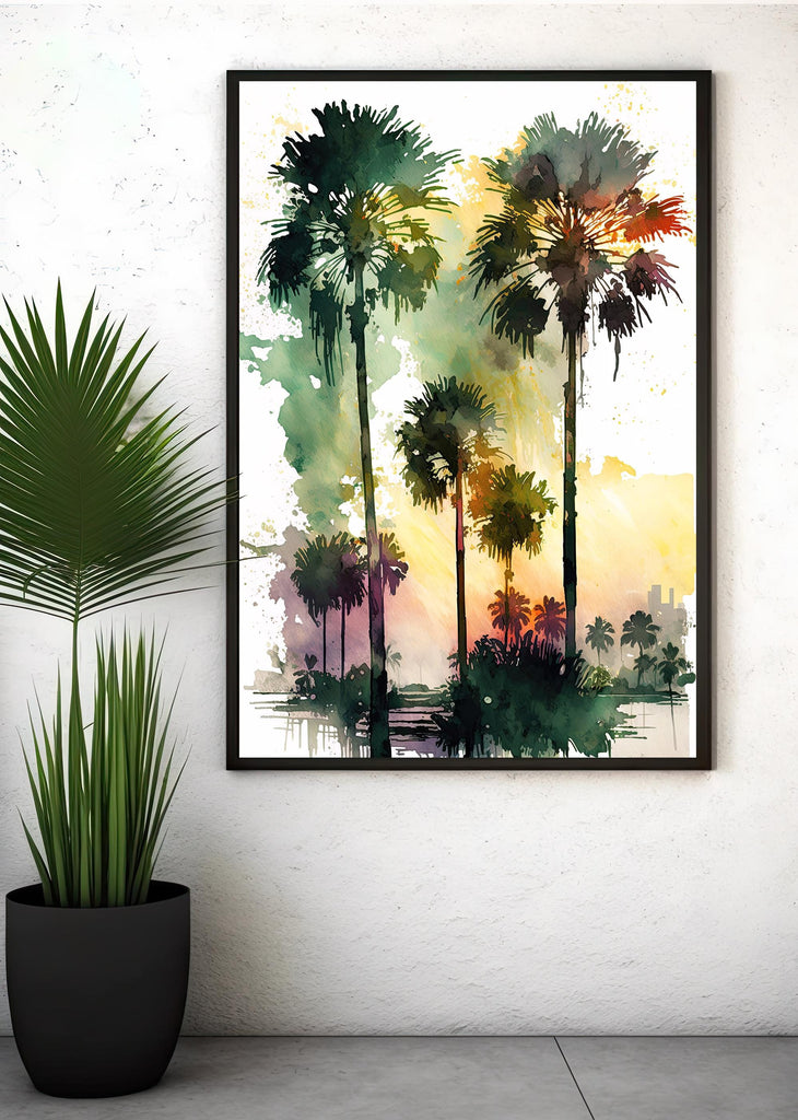 Palm Tree Sunset Art Print Watercolor Coastal Wall Art Nature Inspired Gift Tropical Beach House Home Decor