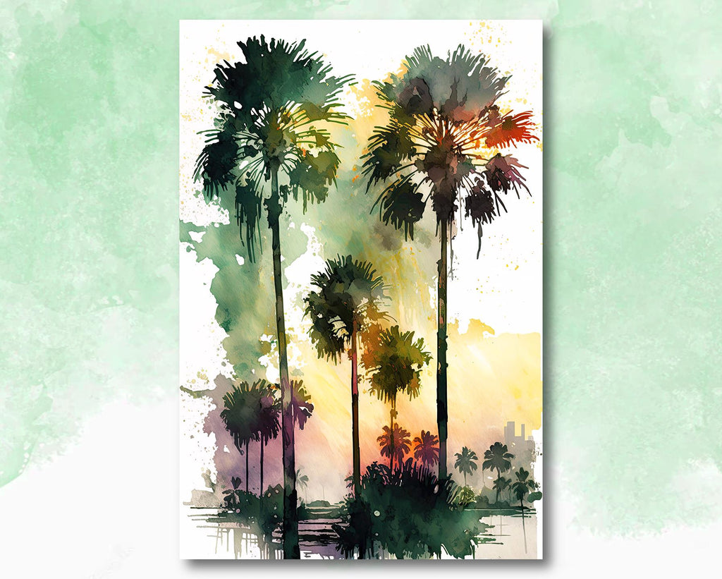 Palm Tree Sunset Art Print Watercolor Coastal Wall Art Nature Inspired Gift Tropical Beach House Home Decor