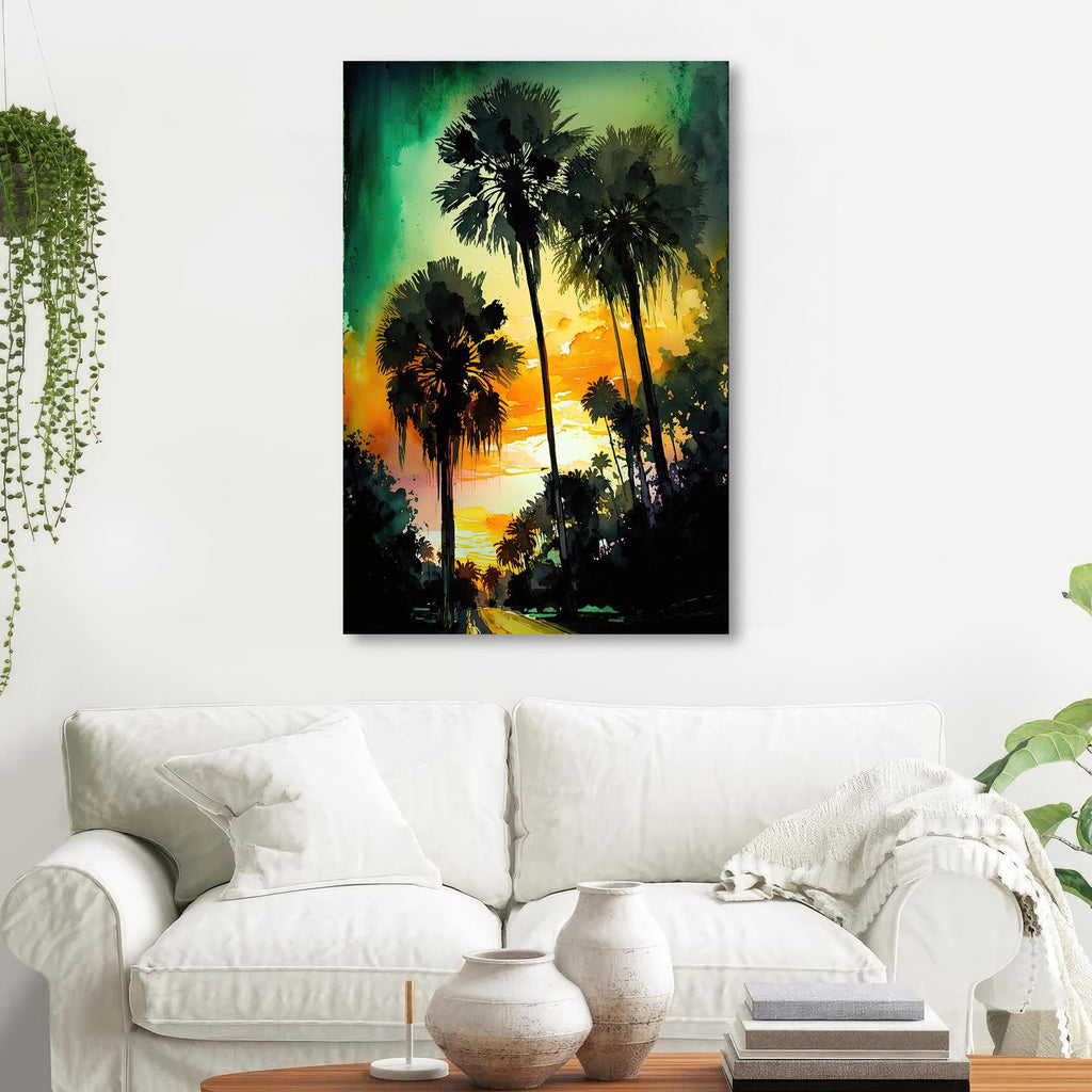 Palm Tree Sunset Art Print Watercolor Coastal Wall Art Nature Inspired Gift Tropical Beach House Home Decor