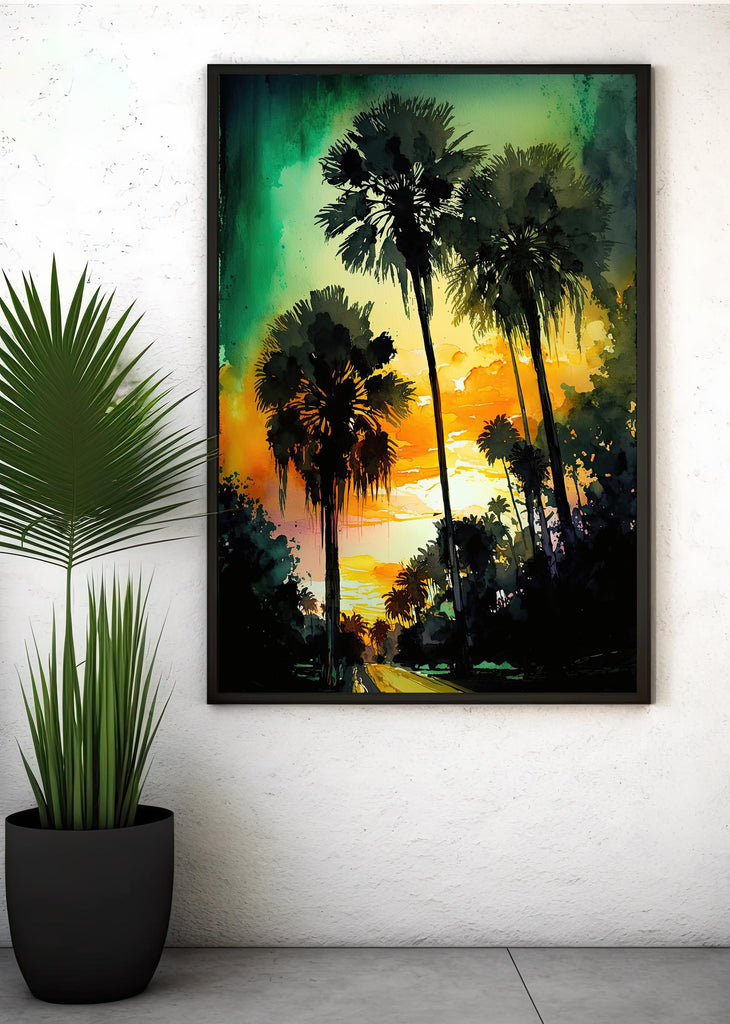 Palm Tree Sunset Art Print Watercolor Coastal Wall Art Nature Inspired Gift Tropical Beach House Home Decor