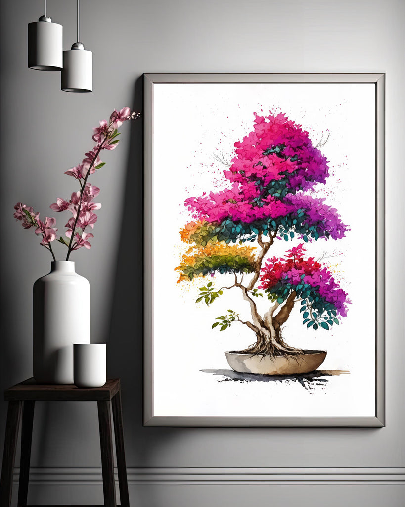 Bougainvillea Bonsai Vine Watercolor Painting Floral Print Mediterranean Botanical Wall Art Magenta Tropical Flowers Nature Inspired Decor