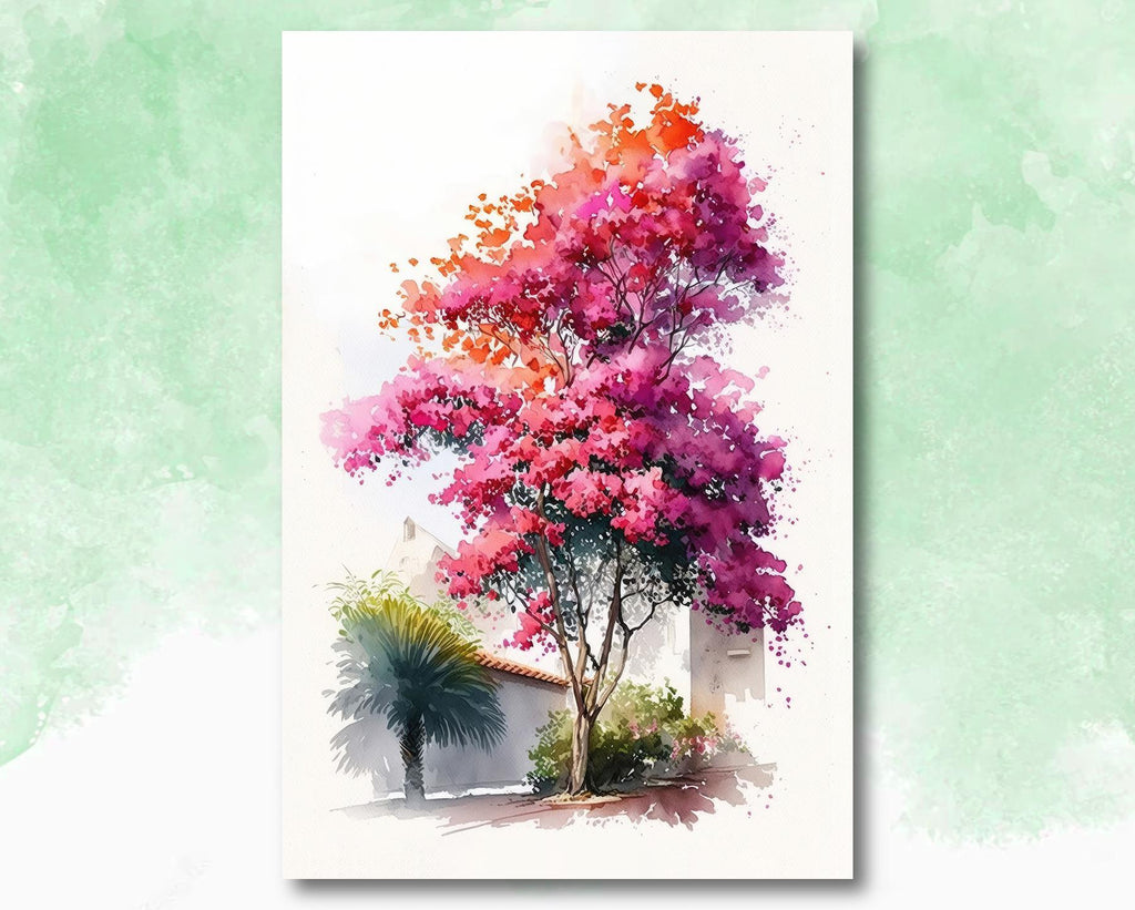 Bougainvillea Bonsai Vine Watercolor Painting Floral Print Mediterranean Botanical Wall Art Magenta Tropical Flowers Nature Inspired Decor