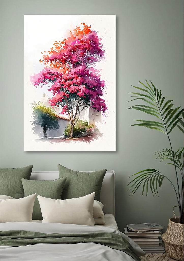 Bougainvillea Bonsai Vine Watercolor Painting Floral Print Mediterranean Botanical Wall Art Magenta Tropical Flowers Nature Inspired Decor