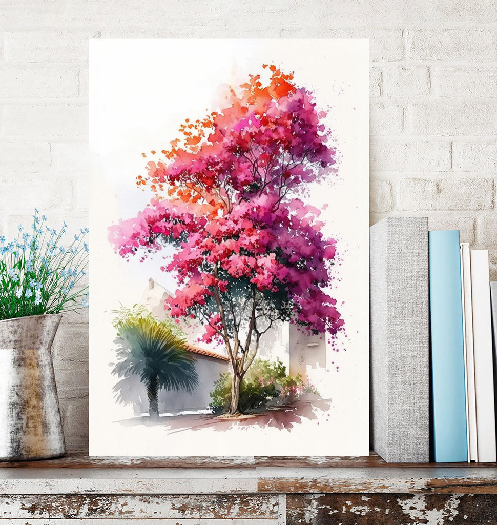 Bougainvillea Bonsai Vine Watercolor Painting Floral Print Mediterranean Botanical Wall Art Magenta Tropical Flowers Nature Inspired Decor