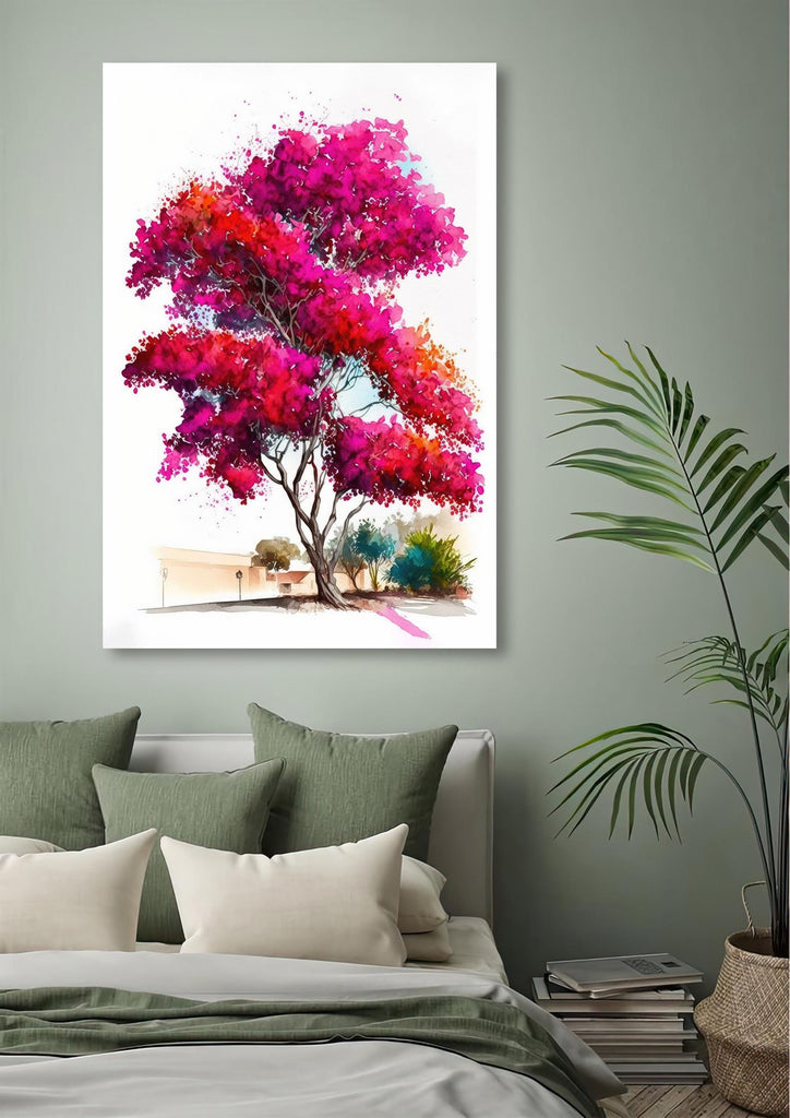 Bougainvillea Bonsai Vine Watercolor Painting Floral Print Mediterranean Botanical Wall Art Magenta Tropical Flowers Nature Inspired Decor