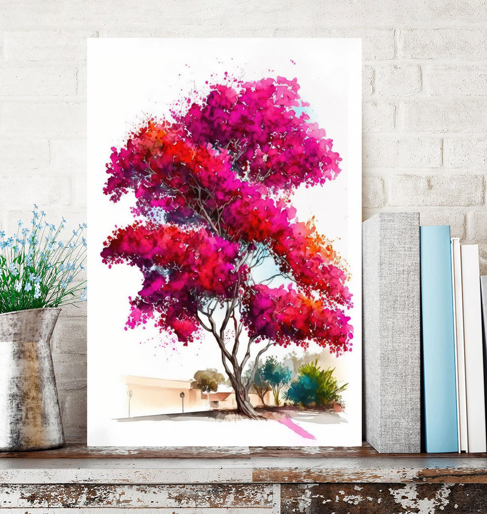Bougainvillea Bonsai Vine Watercolor Painting Floral Print Mediterranean Botanical Wall Art Magenta Tropical Flowers Nature Inspired Decor