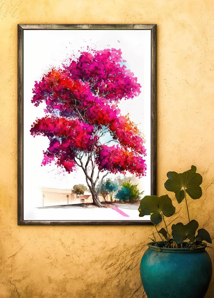 Bougainvillea Bonsai Vine Watercolor Painting Floral Print Mediterranean Botanical Wall Art Magenta Tropical Flowers Nature Inspired Decor