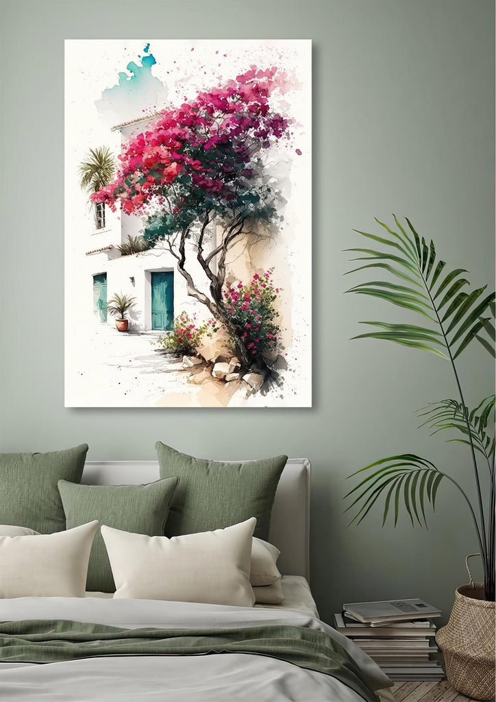 Bougainvillea Bonsai Vine Watercolor Painting Floral Print Mediterranean Botanical Wall Art Magenta Tropical Flowers Nature Inspired Decor