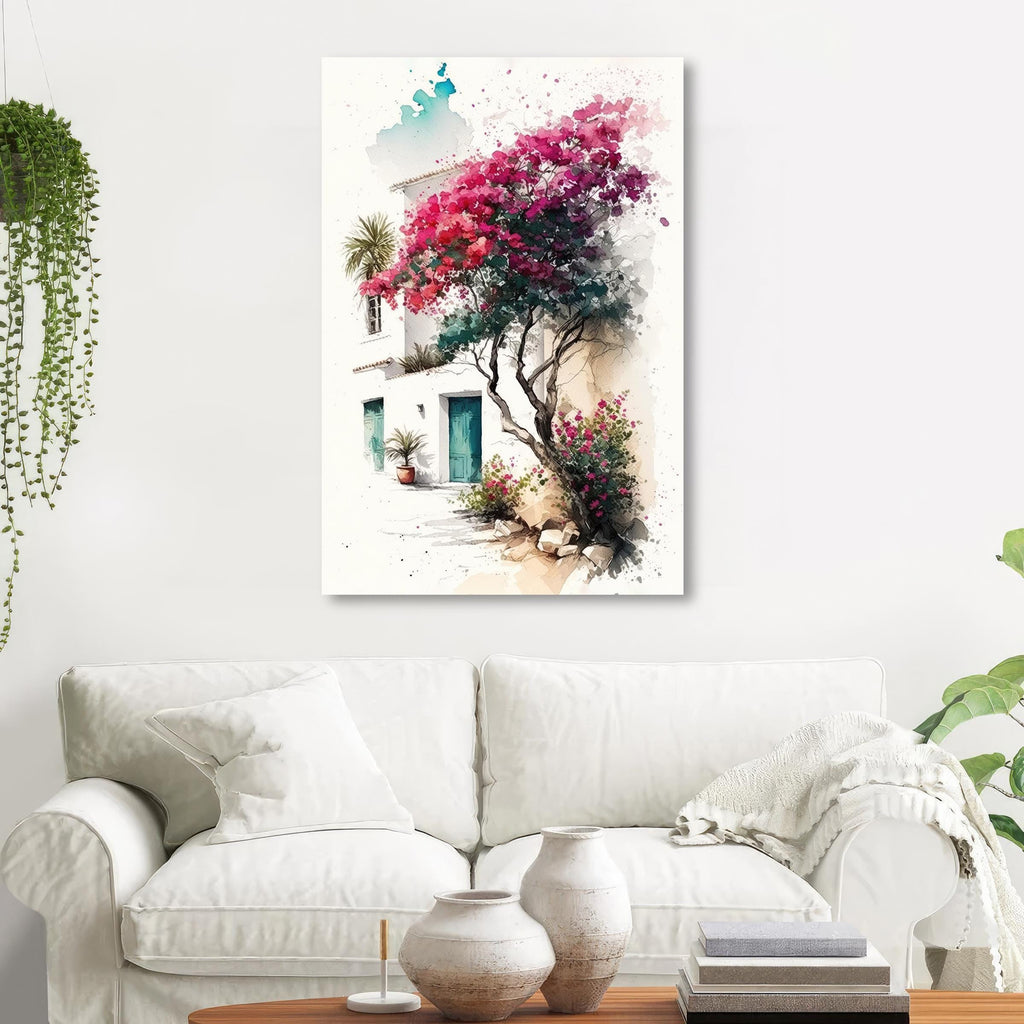 Bougainvillea Bonsai Vine Watercolor Painting Floral Print Mediterranean Botanical Wall Art Magenta Tropical Flowers Nature Inspired Decor