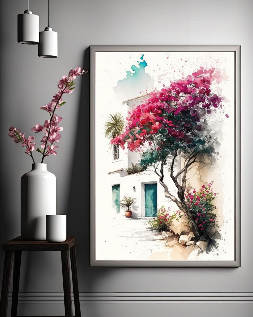 Bougainvillea Bonsai Vine Watercolor Painting Floral Print Mediterranean Botanical Wall Art Magenta Tropical Flowers Nature Inspired Decor