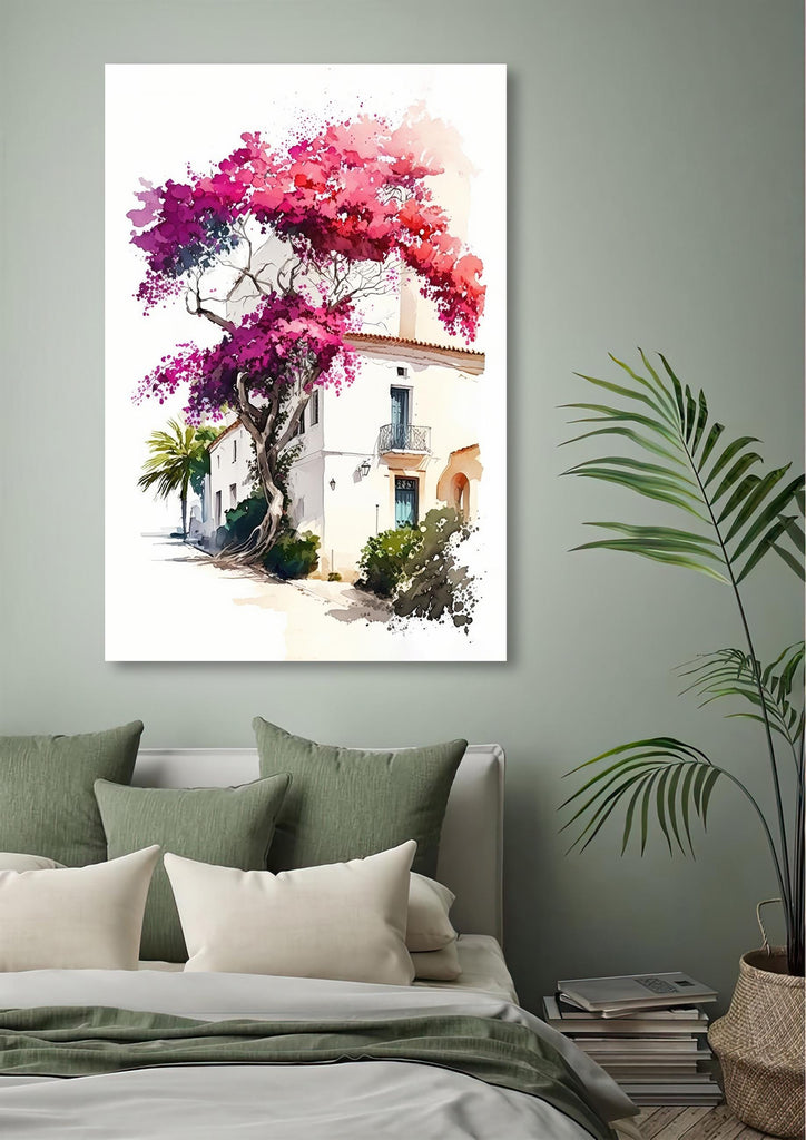 Bougainvillea Bonsai Vine Watercolor Painting Floral Print Mediterranean Botanical Wall Art Magenta Tropical Flowers Nature Inspired Decor