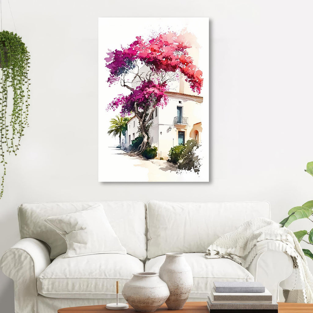 Bougainvillea Bonsai Vine Watercolor Painting Floral Print Mediterranean Botanical Wall Art Magenta Tropical Flowers Nature Inspired Decor